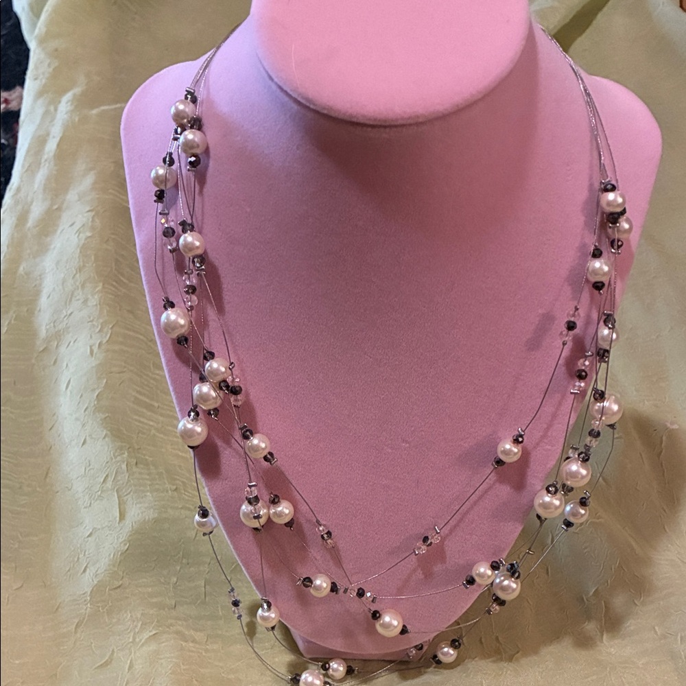 Elegant Silver and Pearl Necklace marked with C on logo tag